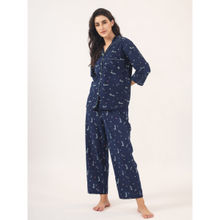SAY Blue Color Printed Women Pure Cotton Shirt & Pyjama Night Suit (Set of 2)
