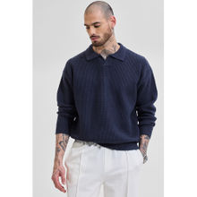 Snitch Navy Blue Textured Full Sleeves Relaxed Casual Sweaters