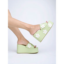 Shoetopia Flower Printed Detailed Green Platform Heels for Women & Girls