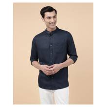 Fabindia Men Navy Blue Viscose Mandarin Neck Solid Woven Shirt