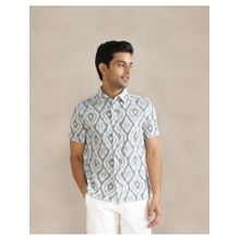 Fabindia Men Off White Cotton Collar Neck Printed Ikat Shirt