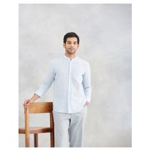 Fabindia Men Blue Linen Blend Mandarin Neck Solid Woven Shirt