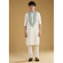KALKI FASHION Men Off White Mandarin Kurta With Pant