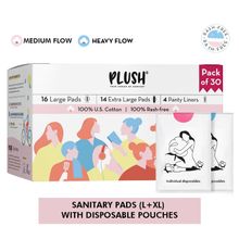 Plush Ultra Thin All Natural Sanitary Napkins with Individual Biodegradable Pouches - Pack of 30+ 4 liners