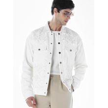 Jack & Jones Men Oversized White Self Design Denim Jacket