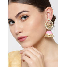 Priyaasi Gold Plated Kundan Studded Off-White Beaded Meenakari Pink Jhumka Earrings