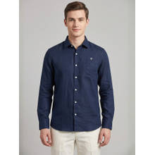 LINENWEAR Navy Blue Linen Blend Collar Neck Textured Shirt