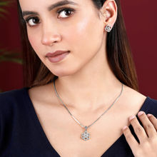 Peora Silver Plated Cubic Zirconia Studded Floral Pendant Chain and Earrings Set