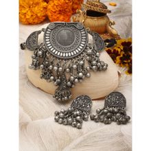 Moedbuille Silver Plated Oxidised Necklace with Pair Of Earrings