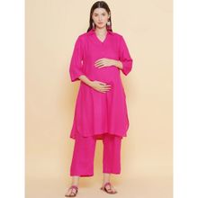 Mine4Nine Women Pink Color Shirt Collar Maternity & Nursing Kurta with Pyjama (Set of 2)
