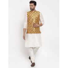 Kraft India Men Dupion Silk Cream Kurta with Churidar & Yellow Printed Nehru Jacket (Set of 3)