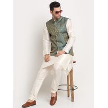 Kraft India Men Silk Blend Cream Kurta & Churidar with Blue Jacquard Nehru Jacket (Set of 3)