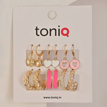ToniQ Floral Pink & White Set of 6 Hoop Earrings For Women