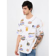 Spykar Men White Loose Fit Printed Half Sleeve Casual T-Shirt