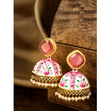 Infuzze Pink & White Gold Plated Stone Studded Hand Painted Dome Shaped Jhumkas