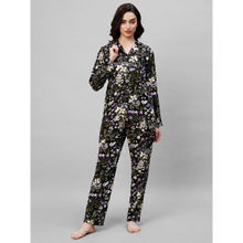 Drape In Vogue Women's Black Purple Floral Print Night Suit (Set of 2)