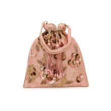 Anekaant Dangle Dusky Pink and Gold Floral Embellished Faux Silk Potli