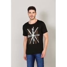 Selfusion Men'S Black Typography Printed Cotton Blend Slim Fit T-Shirt
