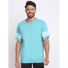 Selfusion Men'S Turquoise Drop-Shoulder Typography Sleeve Cotton T-Shirt