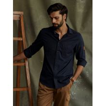 Andamen Regular Fit Men Navy Full Sleeve Leather Patch Shirt