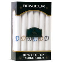 Bonjour Men's White Cotton Handkerchief With Alphabet D Initial (Pack of 6)