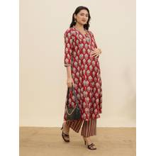 MomToBe Women's Cotton Carmine Red Maternity Kurta and Trouser