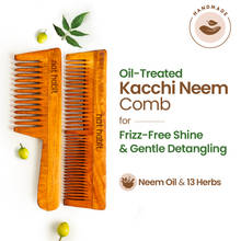 Nat Habit Oil Treated Kacchi Neem Handmade Wooden Comb - Dual + Wide Tooth Hairfall Reduction Combo