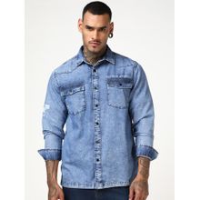 Bewakoof Marvel Mens Blue Captain America Graphic Printed Washed Denim Shirt