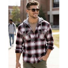 Bewakoof Mens Maroon And White Checked Oversized Hooded Casual Shirt
