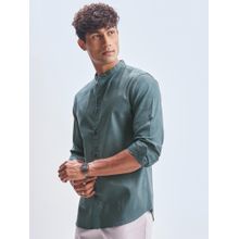 HIGHLANDER Men Teal Blue Jacquard Textured Solid Mandarin Collar casual Slim Fit Shirt