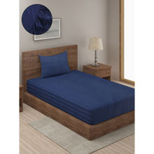 HOSTA HOMES Navy Blue Striped 300 TC Fitted Bedsheet with 1 Pillow Cover (Single)