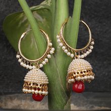 Anika's Creations Off-White Pearl Maroon Gold Plated Hoop with Jhumka Earrings