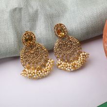 Anika's Creations Gold Plated Chandbali Shape Stone and Pearl Cluster Earrings