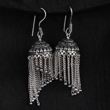 Anika's Creations Silver Tone Asymmetric Oxidised Tasselled Jhumka Earrings