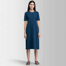 FableStreet Cotton Round Neck Knitted Midi Dress - Blue