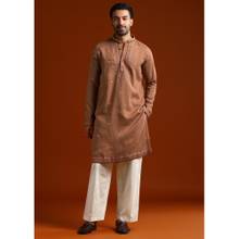 KALKI FASHION Brown Linen Blend Mandarin Neck Kurta with Pant
