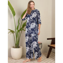 July Nightwear Navy Blue Cotton Floral Long Kurti with Pyjama (Set of 2)