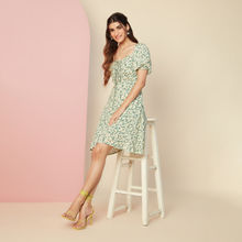 Twenty Dresses by Nykaa Fashion Green Floral Printed Puff Sleeved Fit And Flare Dress