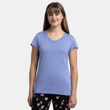 Jockey RX12 Women Micro Modal Cotton Relaxed Fit Solid V Neck T-Shirt - Iris Blue