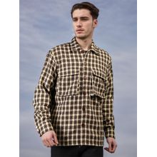 CHKOKKO Brown Beige Winter Wear Checkered Shacket Winter Wear Collared Shirt Jacket