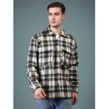 CHKOKKO Cream Black Winter Wear Checkered Shacket Winter Wear Collared Shirt Jacket