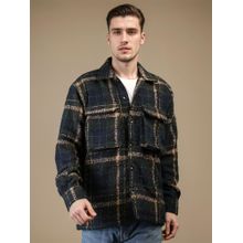 CHKOKKO Navy Blue Winter Wear Checkered Shacket Winter Wear Collared Shirt Jacket