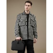 CHKOKKO White Black Winter Wear Checkered Shacket Winter Wear Collared Shirt Jacket