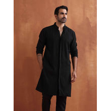 Men's Black Textured Cotton Dobby Front Open Kurta