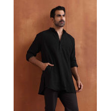 Men's Black Textured Cotton Dobby Short Kurta