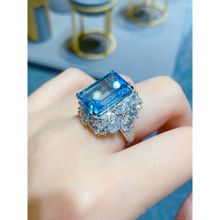 Designs & You Silver Plated American Diamond Crushed Ice Cut Blue Rectangular Finger Ring