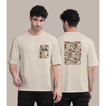BULLMER Cream Front and Back Printed Colourblock Baggy Oversized T-Shirt for Men