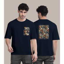 BULLMER Navy Blue Front and Back Printed Colourblock Baggy Oversized T-Shirt for Men