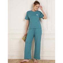 Dear Bed Comfort Clothing Green Relaxed Fit Embroidered Tshirt Pyjama (Set of 2)
