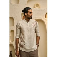 Albino Stylish Beige Short Linen Kurti with Botanical Hand-Painted Shirt